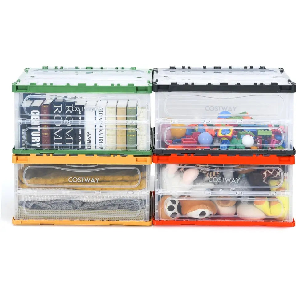 4 Pack Collapsible and Stackable Plastic Storage Bins with Attached Lid-L Costway