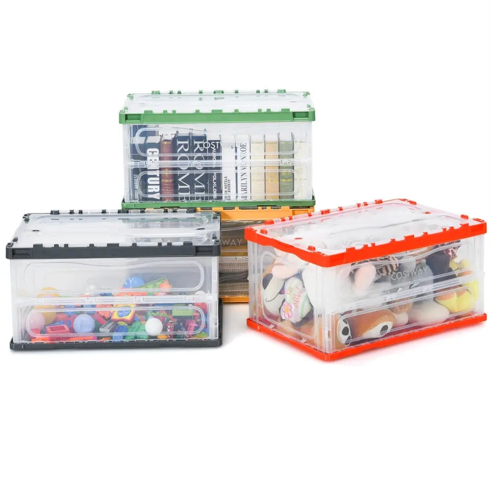 4 Pack Collapsible and Stackable Plastic Storage Bins with Attached Lid-L Costway
