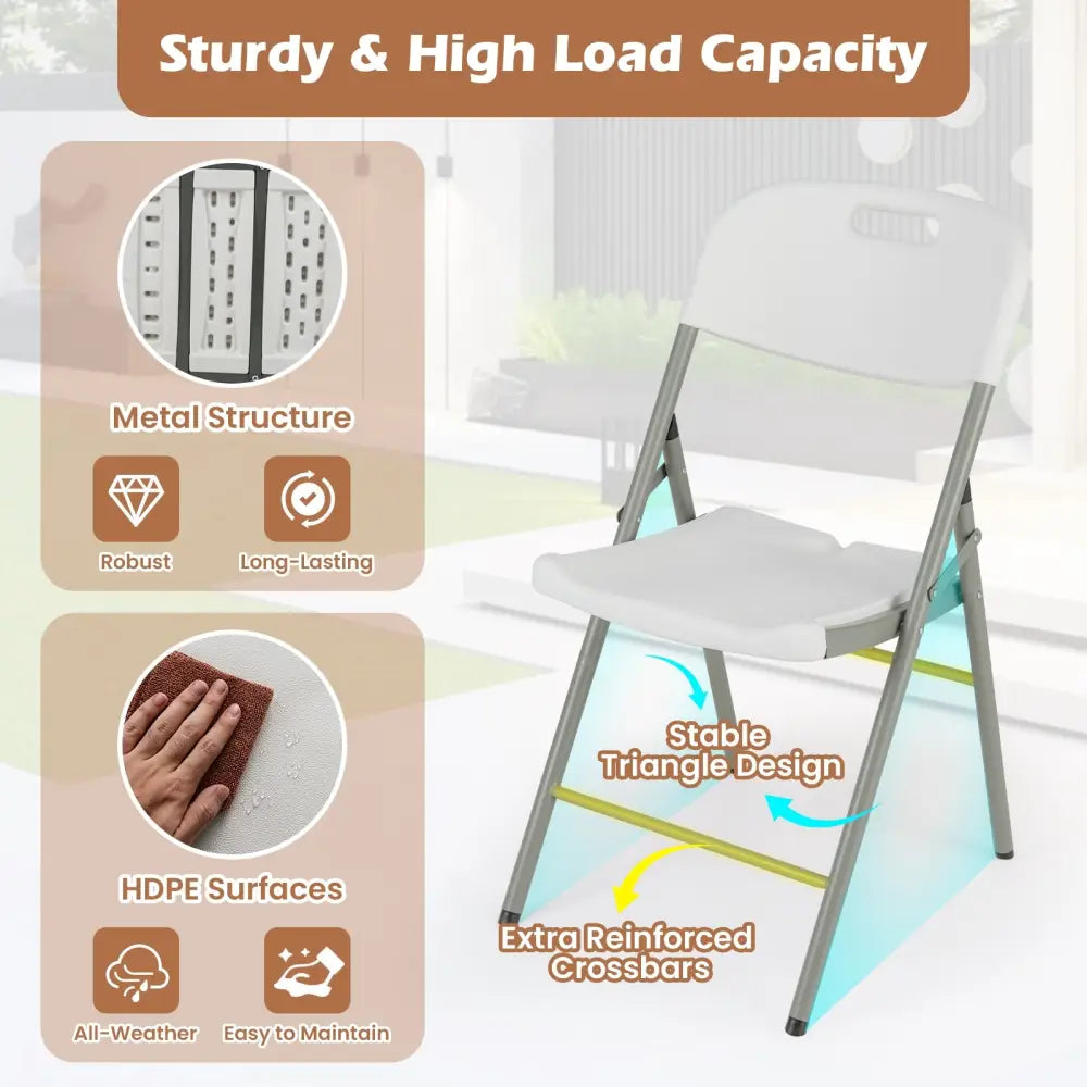 4 Pack Folding Stackable Chairs with Metal Frame and Carrying Handle-White - White - Dining Chairs