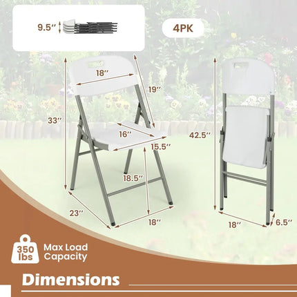 4 Pack Folding Stackable Chairs with Metal Frame and Carrying Handle-White Costway