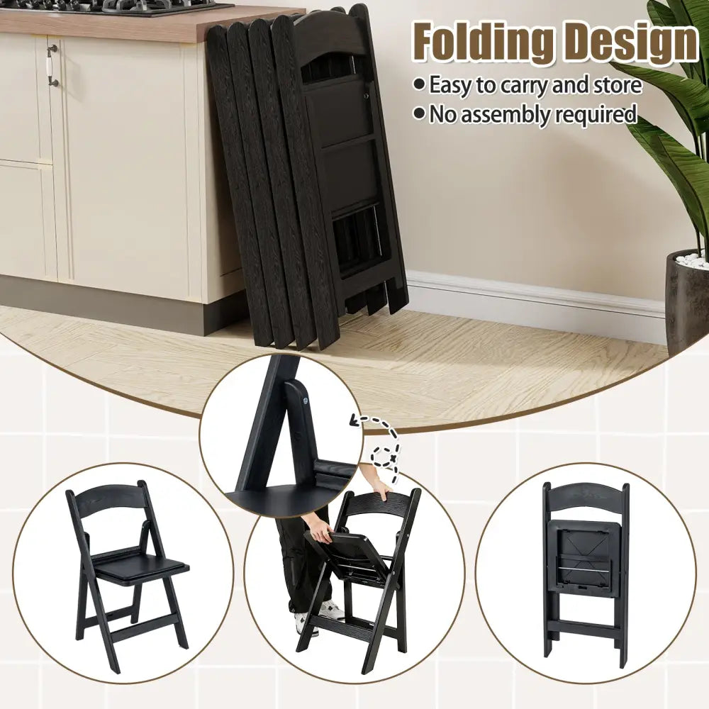 4 Pack Resin Folding Chairs with Padded Seat-Black - Black - Dining Chairs