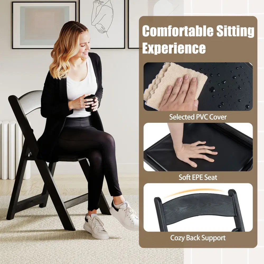 4 Pack Resin Folding Chairs with Padded Seat-Black - Black - Dining Chairs