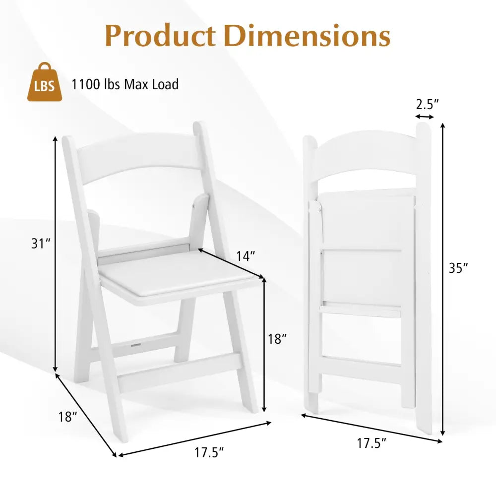 4 Pack Resin Folding Chairs with Padded Seat-White - White - Dining Chairs