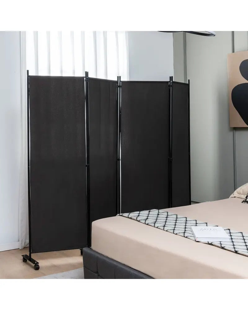 4-Panel Folding Room Divider 6 Feet Rolling Privacy Screen with Lockable Wheels-Black - Black - Room Dividers