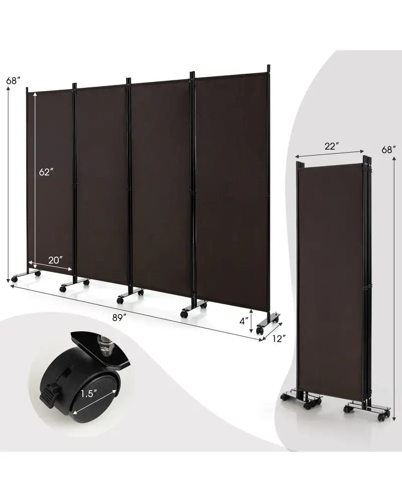 4-Panel Folding Room Divider 6 Feet Rolling Privacy Screen with Lockable Wheels-Brown - Brown - Room Dividers
