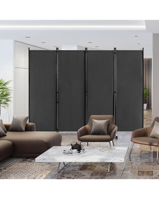4-Panel Folding Room Divider 6 Feet Rolling Privacy Screen with Lockable Wheels-Gray - Gray - Room Dividers