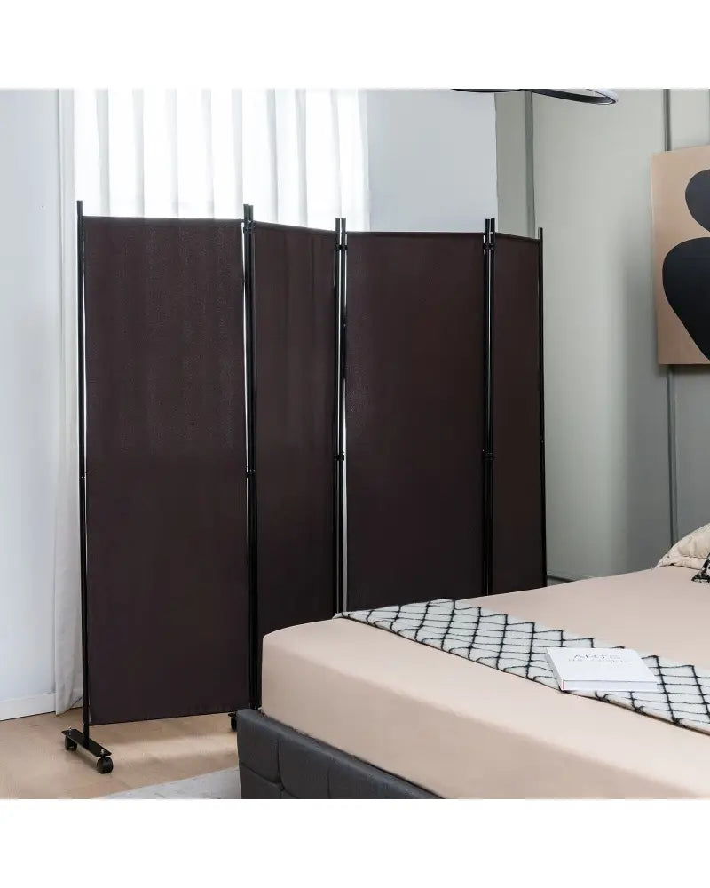 4-Panel Folding Room Divider 6 Feet Rolling Privacy Screen with Lockable Wheels-Brown - Brown - Room Dividers