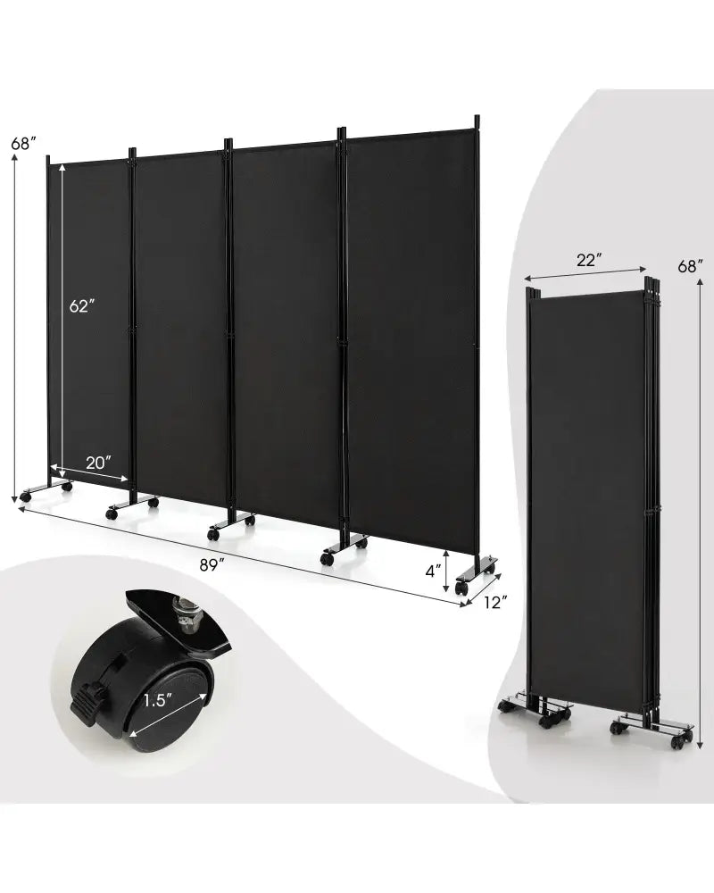 4-Panel Folding Room Divider 6 Feet Rolling Privacy Screen with Lockable Wheels-Black - Black - Room Dividers