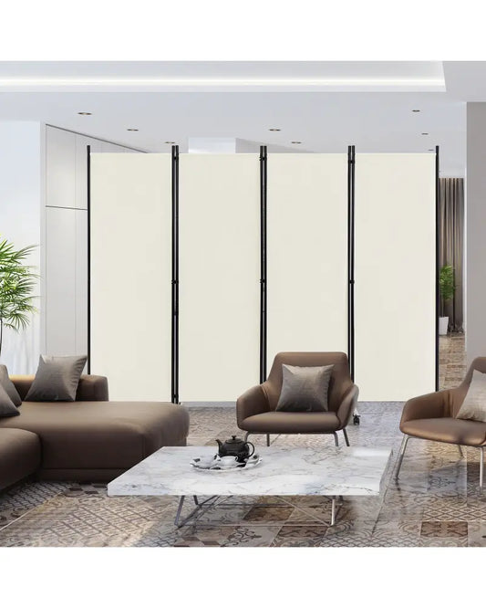 4-Panel Folding Room Divider 6 Feet Rolling Privacy Screen with Lockable Wheels-White - White - Room Dividers