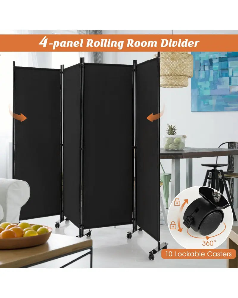 4-Panel Folding Room Divider 6 Feet Rolling Privacy Screen with Lockable Wheels-Black - Black - Room Dividers