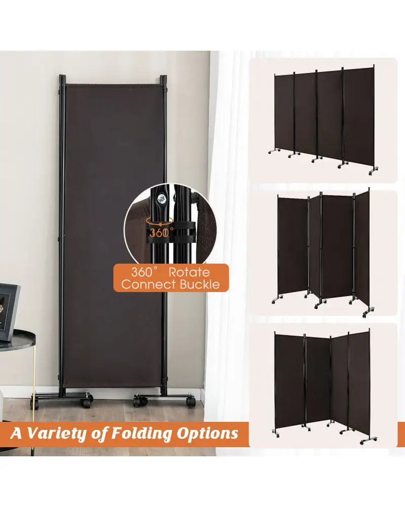 4-Panel Folding Room Divider 6 Feet Rolling Privacy Screen with Lockable Wheels-Brown - Brown - Room Dividers