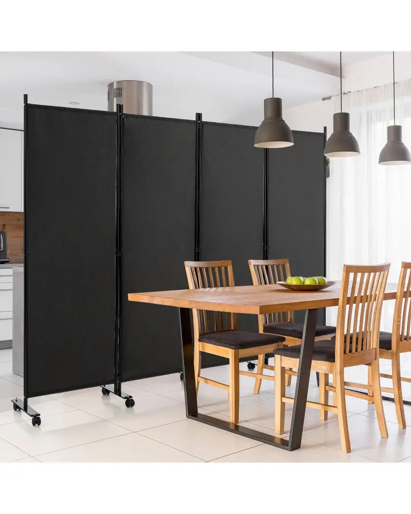 4-Panel Folding Room Divider 6 Feet Rolling Privacy Screen with Lockable Wheels-Black - Black - Room Dividers