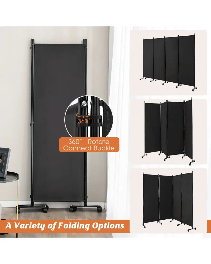 4-Panel Folding Room Divider 6 Feet Rolling Privacy Screen with Lockable Wheels-Black - Black - Room Dividers