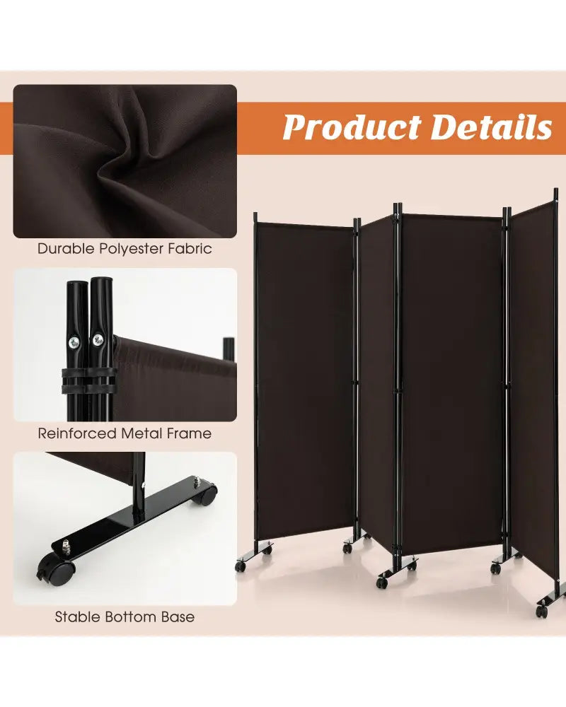 4-Panel Folding Room Divider 6 Feet Rolling Privacy Screen with Lockable Wheels-Brown - Brown - Room Dividers