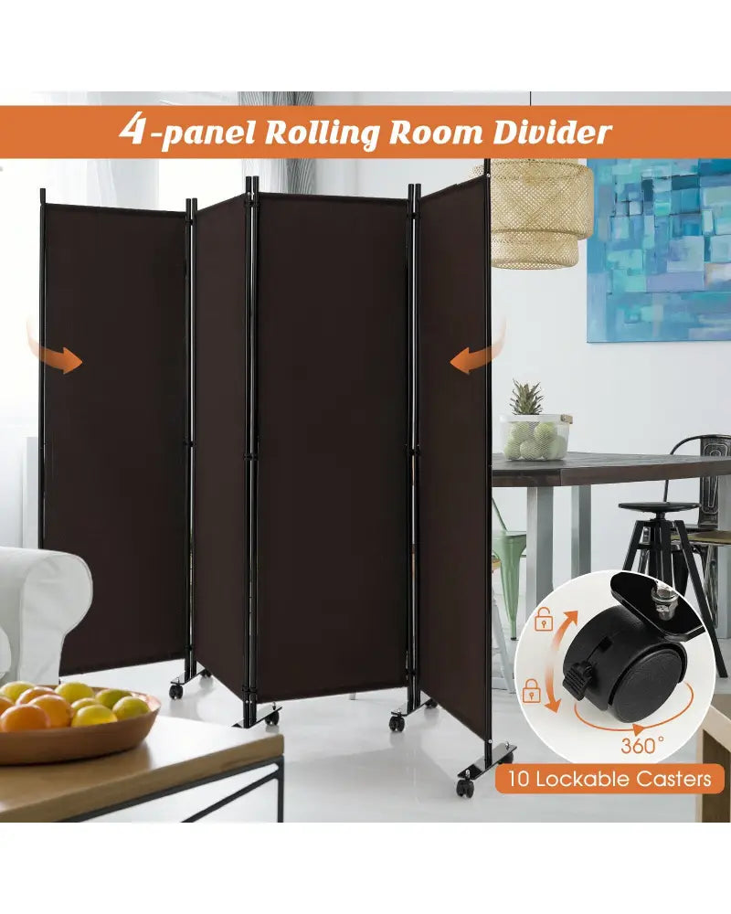 4-Panel Folding Room Divider 6 Feet Rolling Privacy Screen with Lockable Wheels-Brown - Brown - Room Dividers