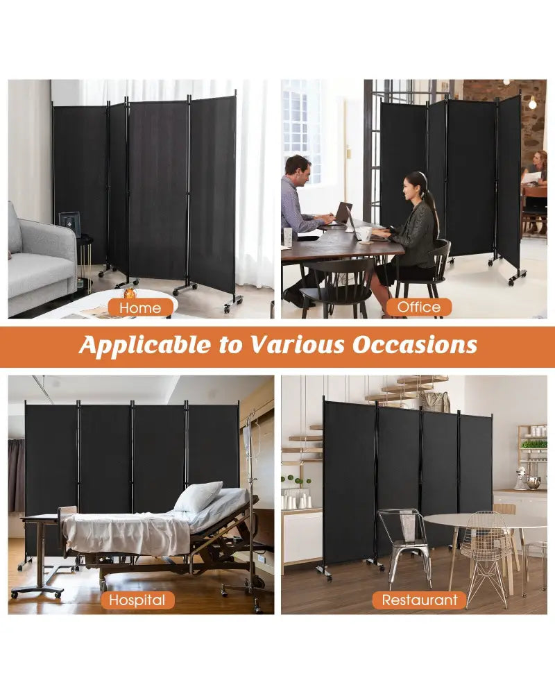 4-Panel Folding Room Divider 6 Feet Rolling Privacy Screen with Lockable Wheels-Black - Black - Room Dividers