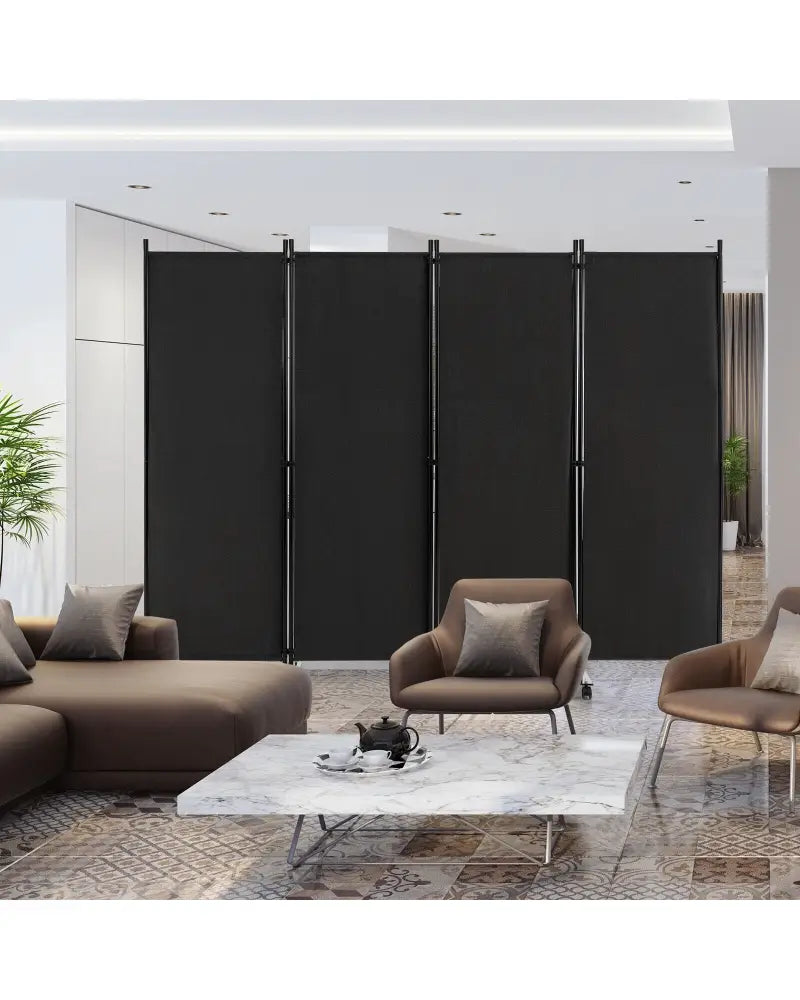 4-Panel Folding Room Divider 6 Feet Rolling Privacy Screen with Lockable Wheels-Black - Black - Room Dividers