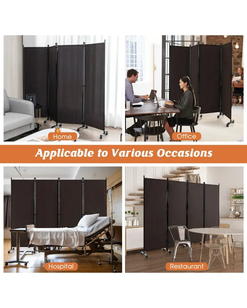 4-Panel Folding Room Divider 6 Feet Rolling Privacy Screen with Lockable Wheels-Brown - Brown - Room Dividers