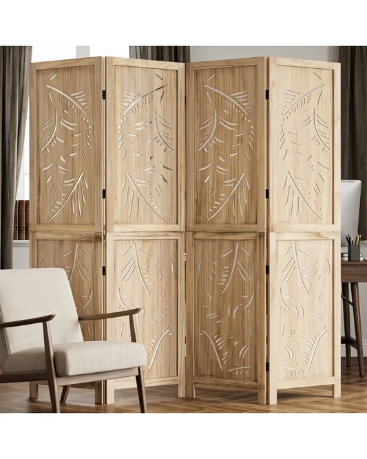 4-Panel Wooden Room Divider with Palm Leaf Design & Paulownia Frame for Home - Room Dividers