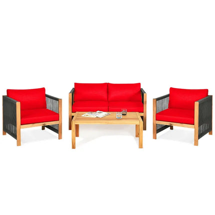 4 Pcs Acacia Wood Outdoor Patio Furniture Set with Cushions-Red - Red - Patio Conversation Sets