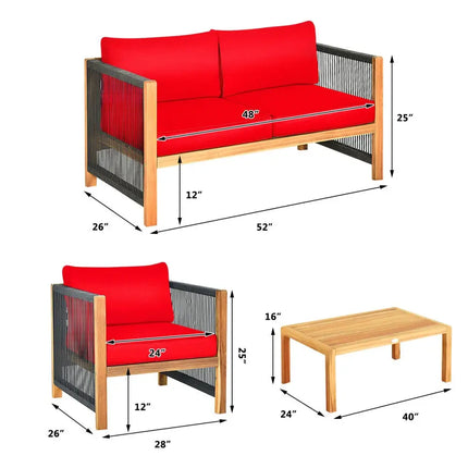 4 Pcs Acacia Wood Outdoor Patio Furniture Set with Cushions-Red - Red - Patio Conversation Sets