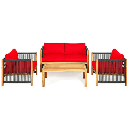 4 Pcs Acacia Wood Outdoor Patio Furniture Set with Cushions-Red - Red - Patio Conversation Sets