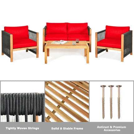 4 Pcs Acacia Wood Outdoor Patio Furniture Set with Cushions-Red - Red - Patio Conversation Sets
