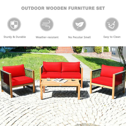 4 Pcs Acacia Wood Outdoor Patio Furniture Set with Cushions-Red - Red - Patio Conversation Sets