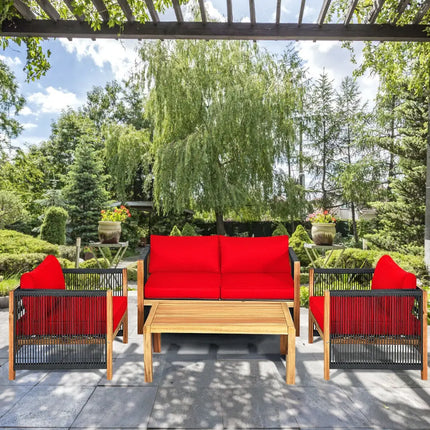 4 Pcs Acacia Wood Outdoor Patio Furniture Set with Cushions-Red - Red - Patio Conversation Sets