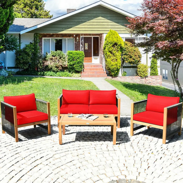 4 Pcs Acacia Wood Outdoor Patio Furniture Set with Cushions-Red - Red - Patio Conversation Sets