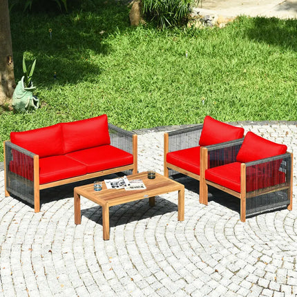 4 Pcs Acacia Wood Outdoor Patio Furniture Set with Cushions-Red - Red - Patio Conversation Sets