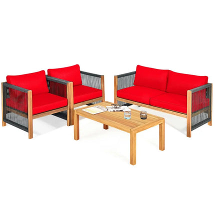 4 Pcs Acacia Wood Outdoor Patio Furniture Set with Cushions-Red - Red - Patio Conversation Sets