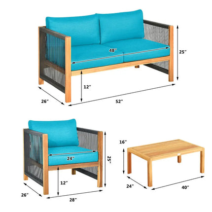 4 Pcs Acacia Wood Outdoor Patio Furniture Set with Cushions-Turquoise - Turquoise - Patio Conversation Sets