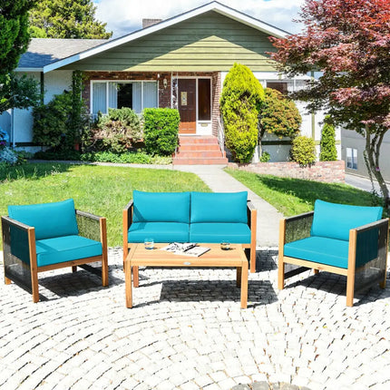 4 Pcs Acacia Wood Outdoor Patio Furniture Set with Cushions-Turquoise - Turquoise - Patio Conversation Sets