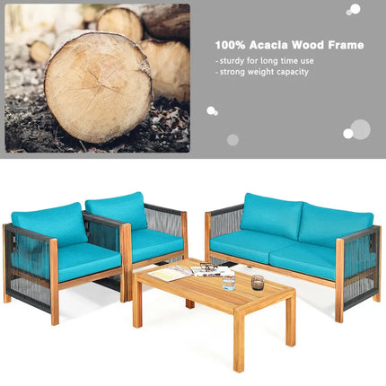 4 Pcs Acacia Wood Outdoor Patio Furniture Set with Cushions-Turquoise - Turquoise - Patio Conversation Sets