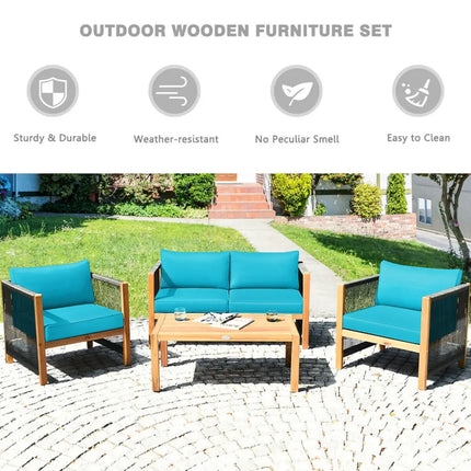 4 Pcs Acacia Wood Outdoor Patio Furniture Set with Cushions-Turquoise - Turquoise - Patio Conversation Sets
