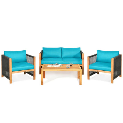 4 Pcs Acacia Wood Outdoor Patio Furniture Set with Cushions-Turquoise - Turquoise - Patio Conversation Sets