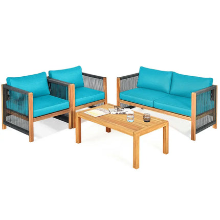 4 Pcs Acacia Wood Outdoor Patio Furniture Set with Cushions-Turquoise - Turquoise - Patio Conversation Sets