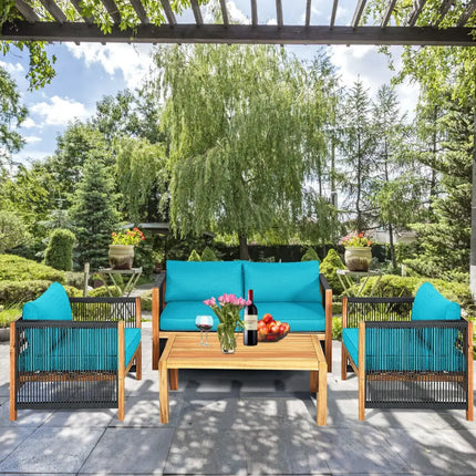 4 Pcs Acacia Wood Outdoor Patio Furniture Set with Cushions-Turquoise - Turquoise - Patio Conversation Sets