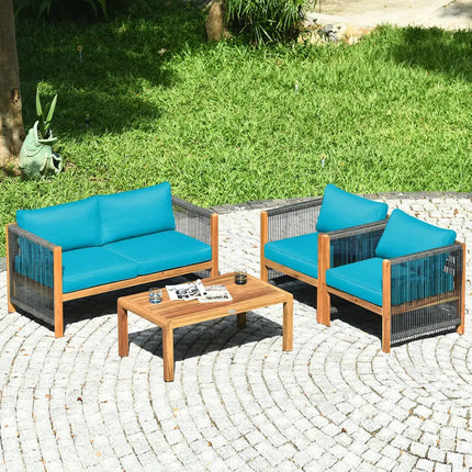 4 Pcs Acacia Wood Outdoor Patio Furniture Set with Cushions-Turquoise - Turquoise - Patio Conversation Sets