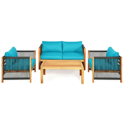 4 Pcs Acacia Wood Outdoor Patio Furniture Set with Cushions-Turquoise - Turquoise - Patio Conversation Sets