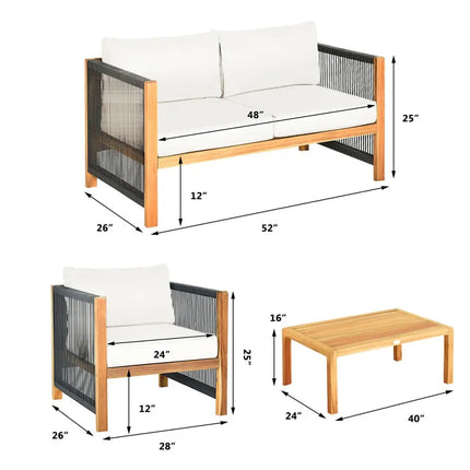 4 Pcs Acacia Wood Outdoor Patio Furniture Set with Cushions-White - White - Patio Conversation Sets