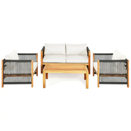 4 Pcs Acacia Wood Outdoor Patio Furniture Set with Cushions-White - White - Patio Conversation Sets