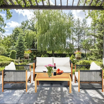 4 Pcs Acacia Wood Outdoor Patio Furniture Set with Cushions-White - White - Patio Conversation Sets