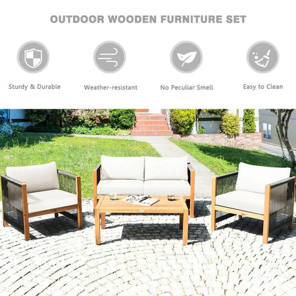 4 Pcs Acacia Wood Outdoor Patio Furniture Set with Cushions-White - White - Patio Conversation Sets