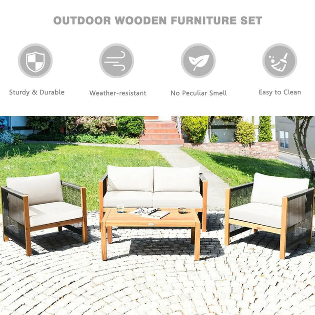 4 Pcs Acacia Wood Outdoor Patio Furniture Set with Cushions-White - White - Patio Conversation Sets