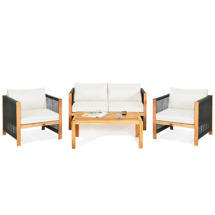 4 Pcs Acacia Wood Outdoor Patio Furniture Set with Cushions-White - White - Patio Conversation Sets