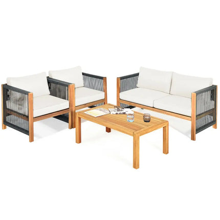 4 Pcs Acacia Wood Outdoor Patio Furniture Set with Cushions-White - White - Patio Conversation Sets