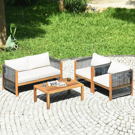 4 Pcs Acacia Wood Outdoor Patio Furniture Set with Cushions-White - White - Patio Conversation Sets
