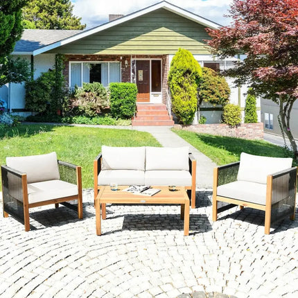 4 Pcs Acacia Wood Outdoor Patio Furniture Set with Cushions-White - White - Patio Conversation Sets